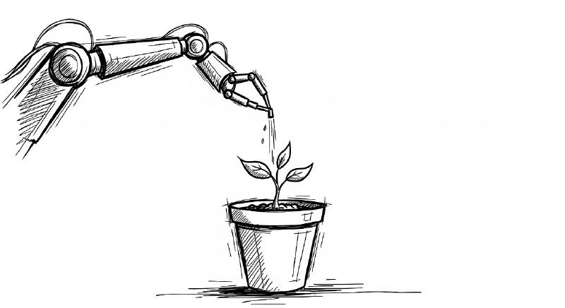 Robotkäsi kastab taime. Tehisintellekti ja tehnoloogia sümbioos