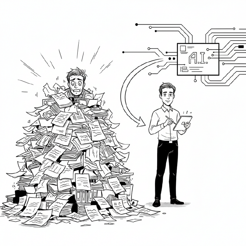 Pilt kujutab meest, kes on ülekoormatud tohutu paberihunnikuga, vastandina teisele mehele, kes kasutab AI-d oma töökoormuse lihtsustamiseks. 