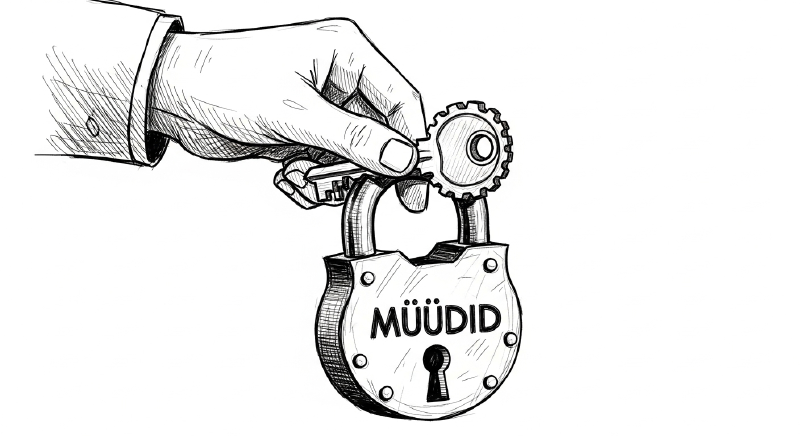 Mustvalge visand käest, mis avab tehnoloogiat sümboliseeriva võtmega tabaluku kirjaga 'MÜÜDID', illustreerides automatiseerimise müütide kummutamist.