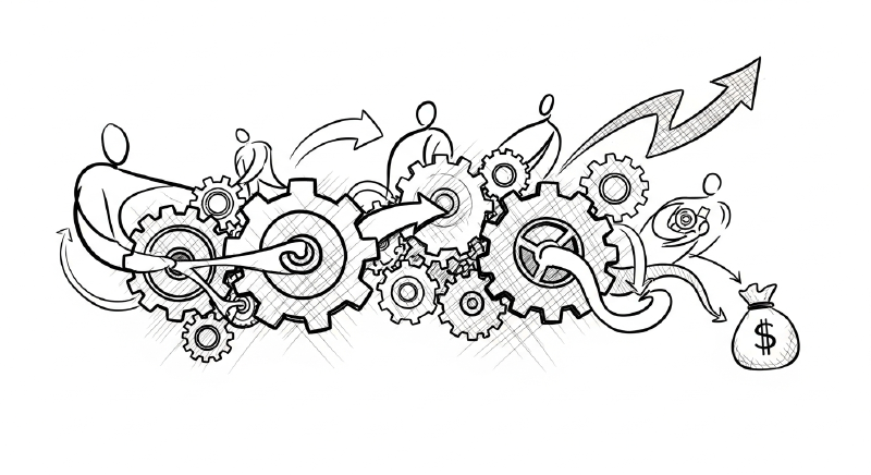 Visandlik illustratsioon hammasrataste, inimfiguuride ja nooltega, mis sümboliseerib tööprotsesside optimeerimist ja sellest tekkivat rahalist säästu.