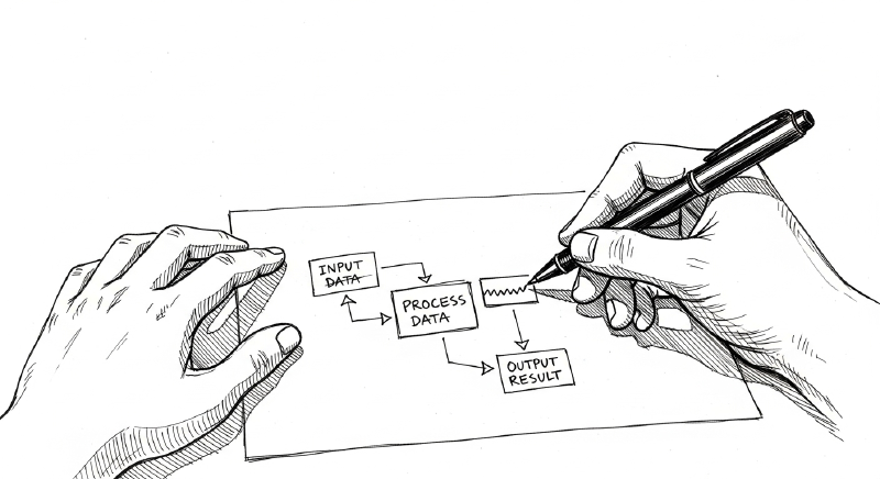 Mustvalge visand kätest, mis joonistavad paberile automatiseerimise töövoo skeemi, rõhutades hoolika planeerimise tähtsust enne tehnoloogia rakendamist.
